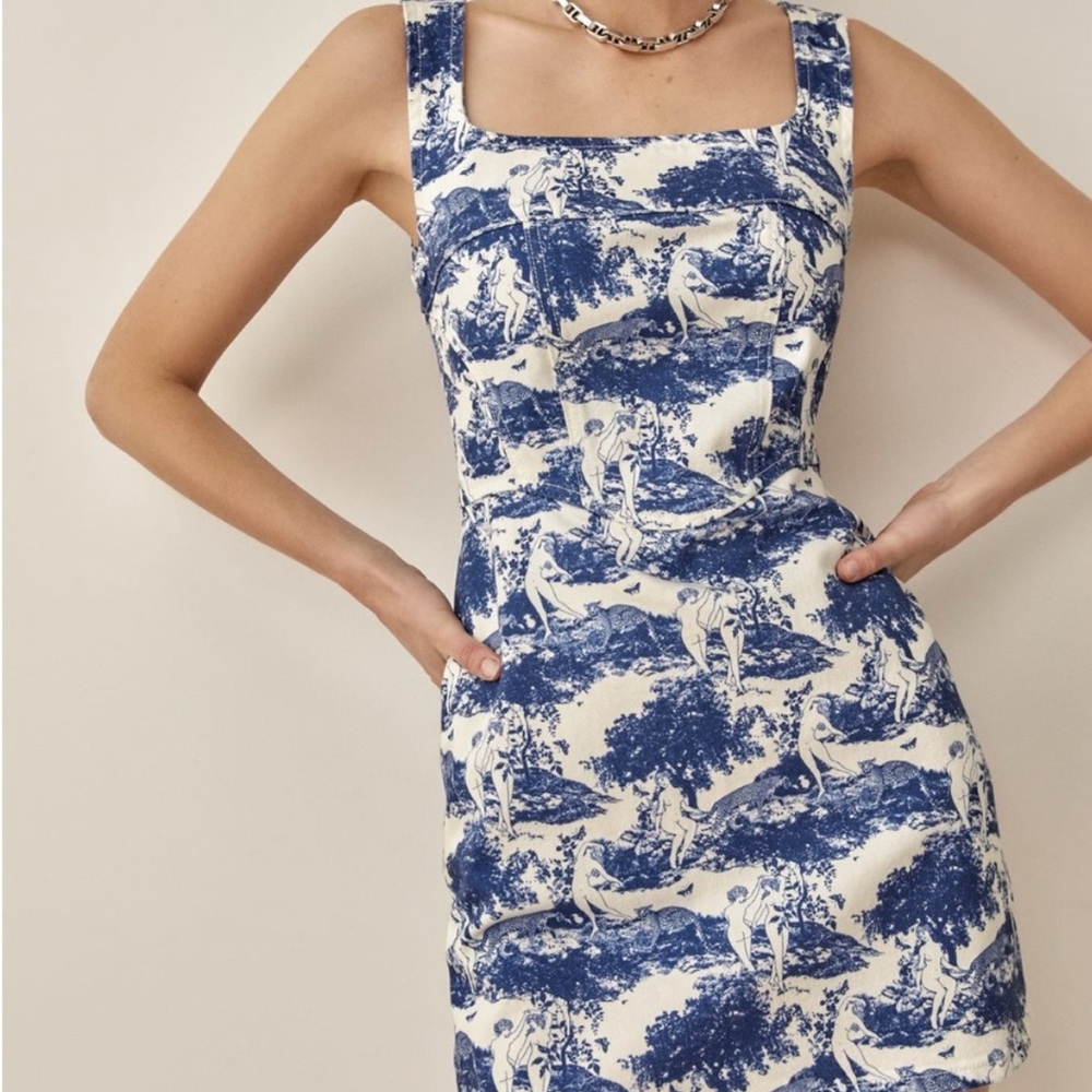 Reformation Davies Bustier Denim Mini Dress Blue and White Printed Pastoral
